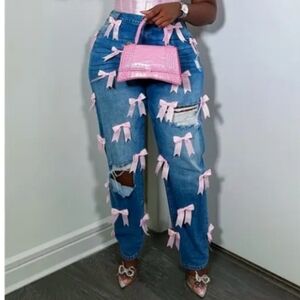 Nwot Blue Jeans With Pink Bows pants